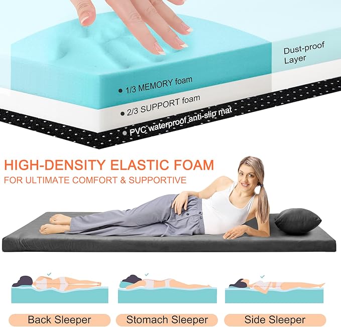Memory Foam Camping Mattress Sleeping Pad, 3" Thick Waterproof Portable Roll Up Sleeping Mats & Floor Mattress Pad with Pillow + Travel Bag for Camping Car Truck SUV Tent Sleepover Kids Adult