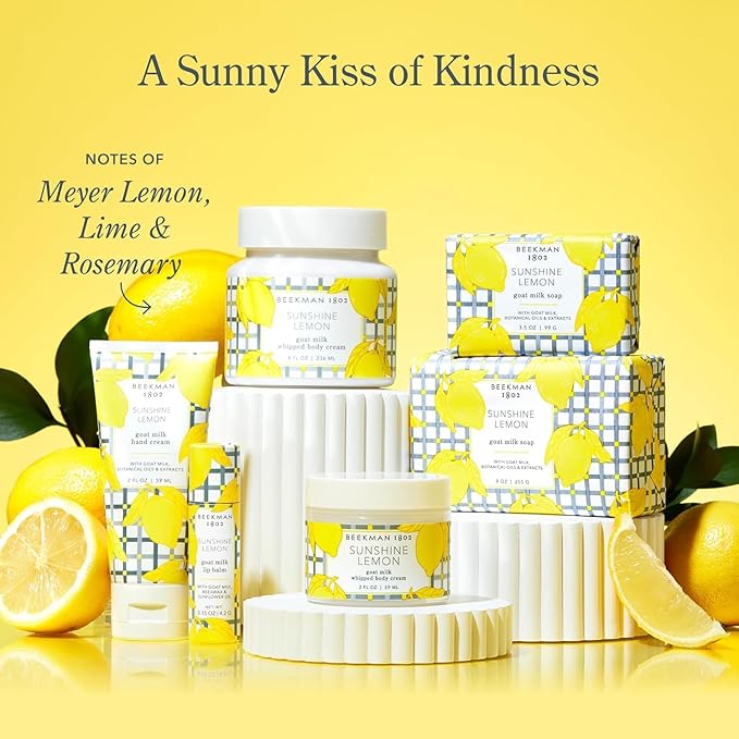 Beekman 1802 Sunshine Lemon 3-Piece Body Care Set – Goat Milk Skincare Gift Set with Bar Soap, Whipped Body Cream & Hydrating Hand Cream – Travel Size Body Care Kit