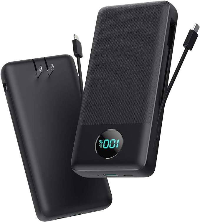 Portable Charger 33800mAh USB C Power Bank with Built-in Cables & AC Wall Plug,25W Fast Charging+QC 4.0 Phone Charger,4 Output LCD Display Battery Pack Compatible with iPhone16/15,Samsung,Android etc