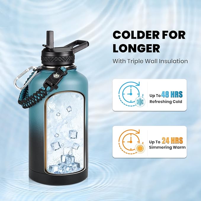 Insulated Water Bottle 64 oz, Triple Wall Vacuum Stainless Steel (Cold for 48 Hrs), Leak Proof & Non-BPA, Half Gallon Water Flask Jug with Paracord Handle & Straw Spout Lids