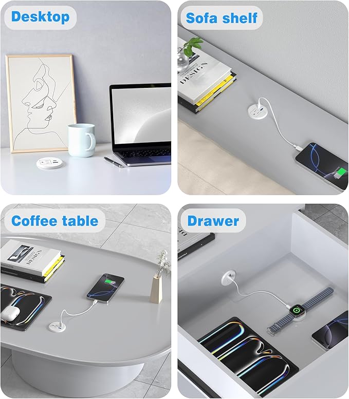 2 Pack Desk Power Grommet Outlet, 2 inch Recessed Power Outlet with 20W USB-C Fast Charging, for Conference Rooms, Office Tables, Furniture, 6FT Cord(ETL Listed)