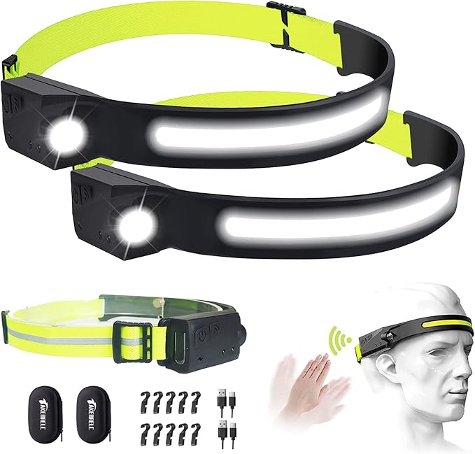 Headlamp, Rechargeable LED Headlamp with Motion Sensor, Up to 1200 lumens and 10 Hours Runtime, 10 Clips and 2 Cases, Waterproof Camping Gear for Hiking, Fishing, Cycling, Repairing