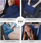DEZ FURNISHINGS 4-in-1 Travel Compact Blanket Pillow Super Soft Velvet with Luggage Sleeve and Backpack Clip, Navy, 60" W x 45" H
