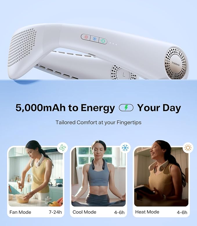 TORRAS COOLiFY Air 2025 Upgraded Neck Fan Air Conditioner, Dual-Airflow Pro Cooling, Ultra Light Portable Fan Rechargeable, Personal Cooling Fan Travel Essentials, Ivory