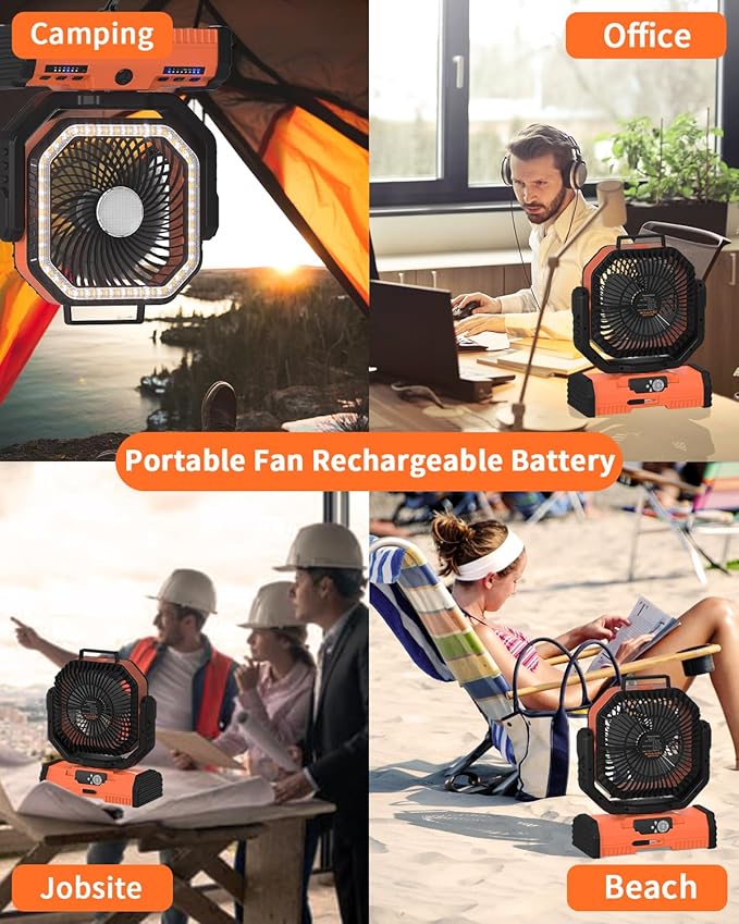 ADUST 12 Inch Camping Battery Operated Powered Fan with LED Lantern Light,44000mAh Rechargeable Portable Oscillating Fan with 360° Rotation Hanging Hook for Tents, Cordless USB Desk Fan(Orange)