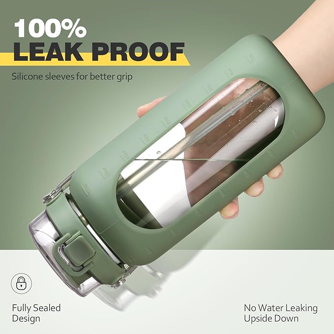 BLUEGO 64oz Water Bottle Glass with Stainless Steel Handle Large Water Bottle with Time Markers and Silicone Sleeve Half Gallon Water Jug BPA Free for Gym Daily Use, Olive