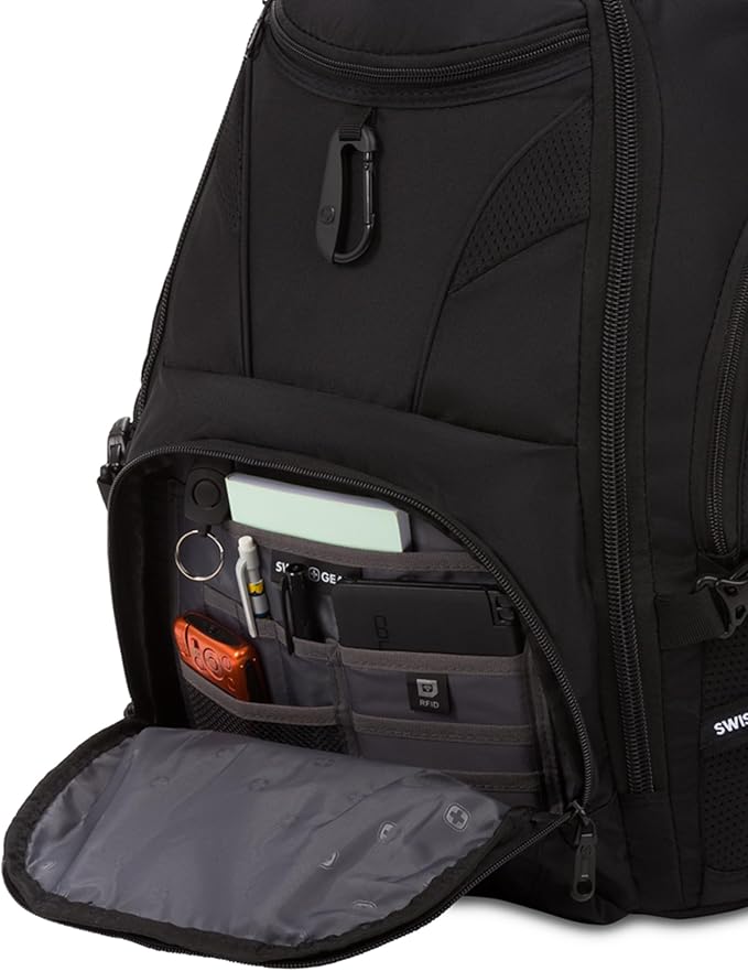 SwissGear 1900 ScanSmart 17” Laptop Backpack Black/Black – Reflective Tech Backpack with ScanSmart Compartment – Multiple Organizer Pockets & RFID Scan Blocking Technology