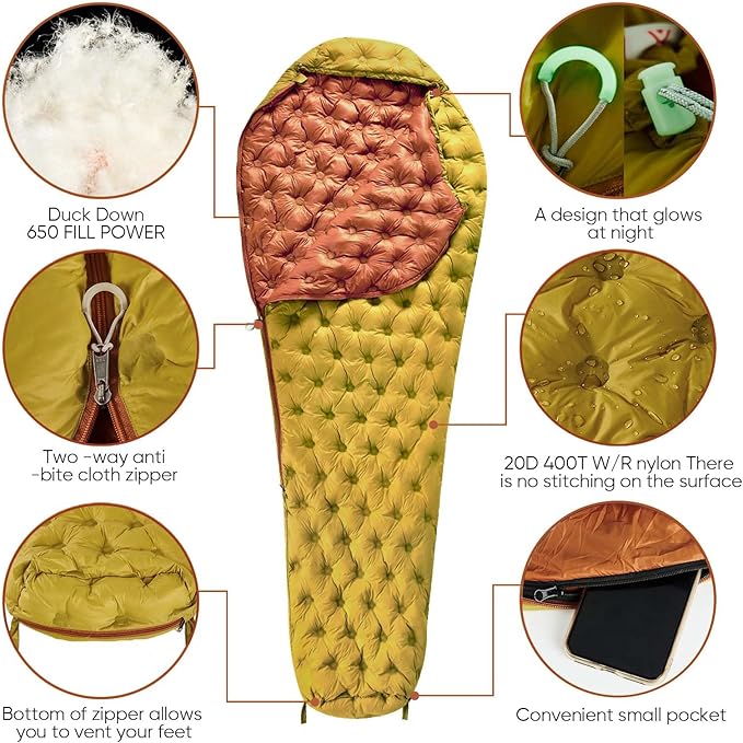 Ultralight Down Sleeping Bag for Adults, 1.92lbs 32-55F 650 Fill Down, Lightweight Compact Mummy Backpacking Sleeping Bag for Outdoor Camping and Hiking, Compressible -MFH500