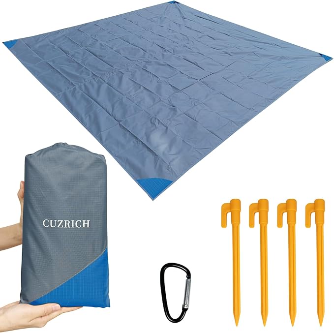 Family Beach Blanket Large Foldable Picnic Mat Portable Lightweight Camping Tarp Tent Blankets Washable Rug Quick Dry Compact Beach Mats Hiking Outdoor Essentials (Gray/Blue118*110" / 9.19ft×9.84ft)