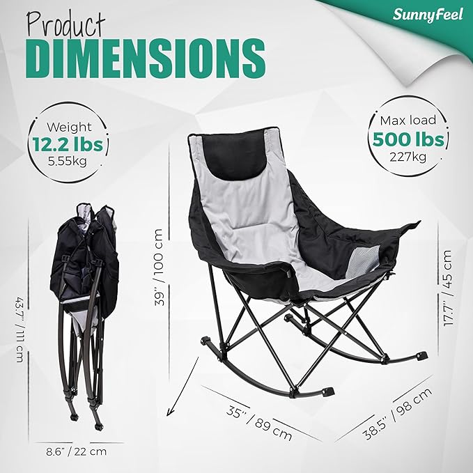 SUNNYFEEL Oversized Rocking Camping Chair, Fully Padded Patio Chair with Side Pocket, High Back Portable Lawn Recliner with Headrest, Outdoor Camp Rocker Chairs for Adults Heavy Duty 300 LBS