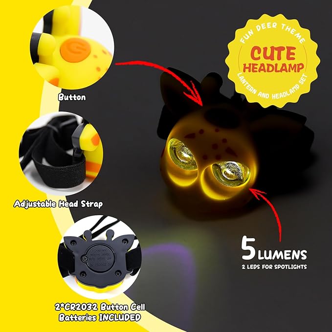 Let's Explore LED Camping Lantern & Headlamp, Battery Powered Night Light, Gift for Birthday, Lightweight Tent Lamp for Children (Deer Set) Age 6+ 8 9 10 11 12 13 14