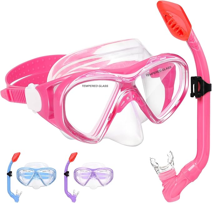 Kids Snorkel Set Dry Top Snorkeling Gear for Kids Youth Boys Girls Junior Age 5-15,Tempered Glass Swimming Diving Mask and Snorkel Set 180 Degree Panoramic View