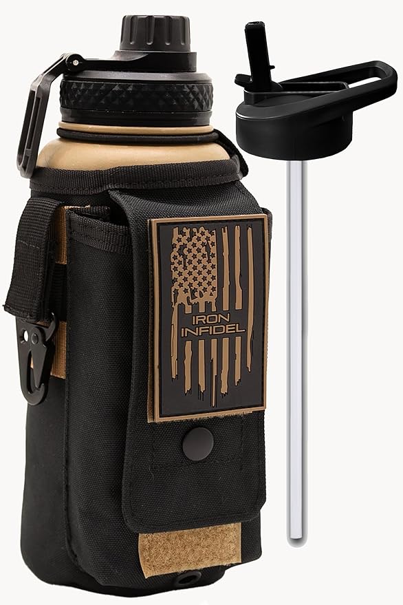 Iron Infidel Battle Bottle - 32 Oz Insulated Water Bottle with Straw Lid & Chug Cap, Stainless Steel Metal Flask Includes Rugged, Removable Sleeve for Keys, Wallet, & Phone (Brown Recluse 1 Liter)