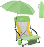 Homcosan Portable Low Folding Beach Chair with Detachable Umbrella - Lightweight Camping Chair for Adults with Cup Holder & Storage Pocket, Carry Bag Included (Green & Yellow)