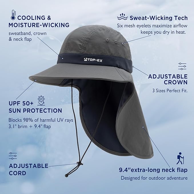 TOP-EX Cooling Sun Hat with Neck Flap – UPF 50+ Wide Brim Breathable Hat for Hiking, Fishing & Big Heads