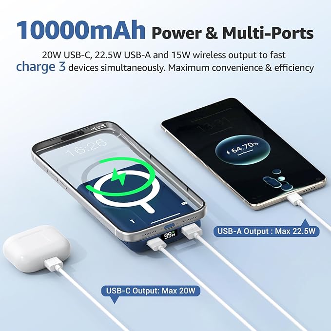 Azmuth Magnetic Wireless Power Bank 10000mAh, 15W Portable Charger Compatible with MagSafe for iPhone 17/16/15/14/13/12 Series Built-in Stand LED Display 20W PD USB-C 22.5W USB-A Blue