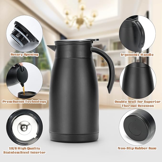34 Oz Thermal Coffee Carafe, Stainless Steel Insulated Vacuum Coffee Carafes For Keeping Hot, 1 Liter Tea, Water, and Coffee Beverage Dispenser(Black)