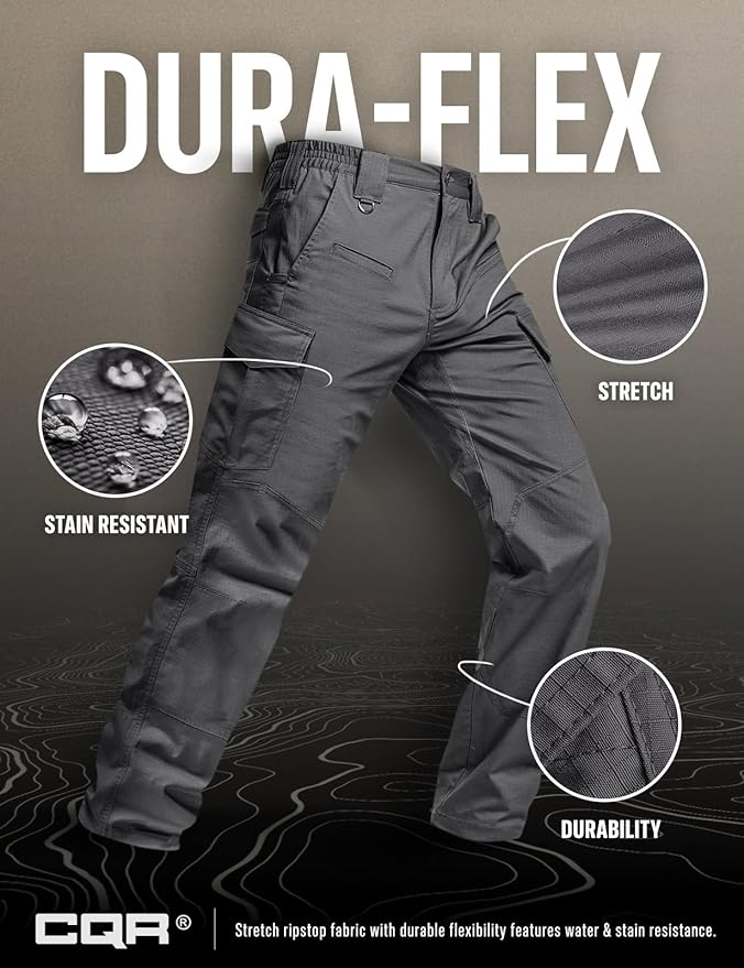 CQR Men's Flex Ripstop Tactical Pants, Water Resistant Stretch Cargo Pants, Lightweight EDC Hiking Work Pants