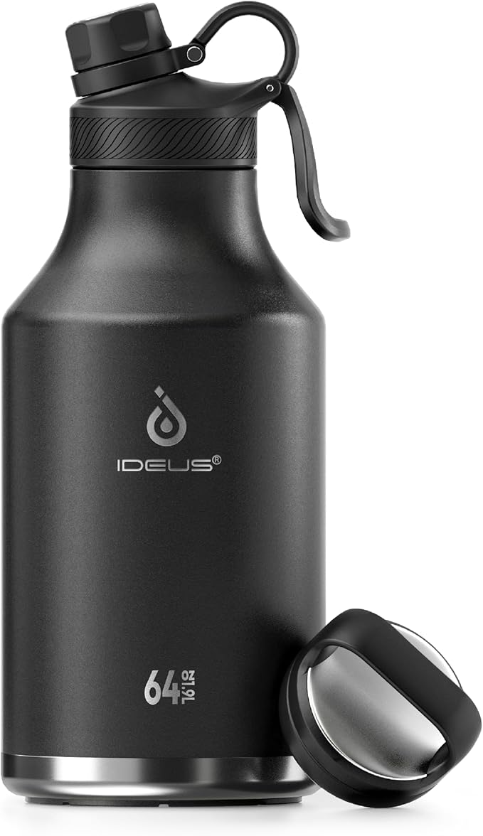IDEUS Insulated Stainless Steel Water Bottle with 2 Leak-Proof Lids, Thermal Water Flask for Hiking Biking, 64oz, Black
