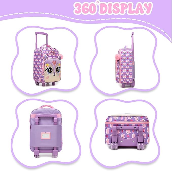 Kids Carry On Luggage with Wheels Softside Kids Suitcase for Girls Airline Approved & Girls Multi-function Carry Bag 4pcs Set