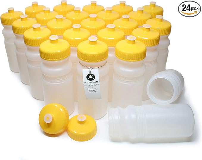Rolling Sands USA Made 20 Ounce Sports Water Bottles - 24-Pack Bulk BPA-Free Blank Sports Bottles for Teams & Classrooms - Clear Frost Bottle/Yellow Lid, No Smell No Taste