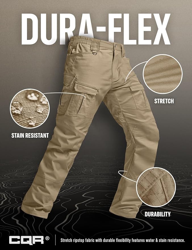 CQR Men's Flex Ripstop Tactical Pants, Water Resistant Stretch Cargo Pants, Lightweight EDC Hiking Work Pants