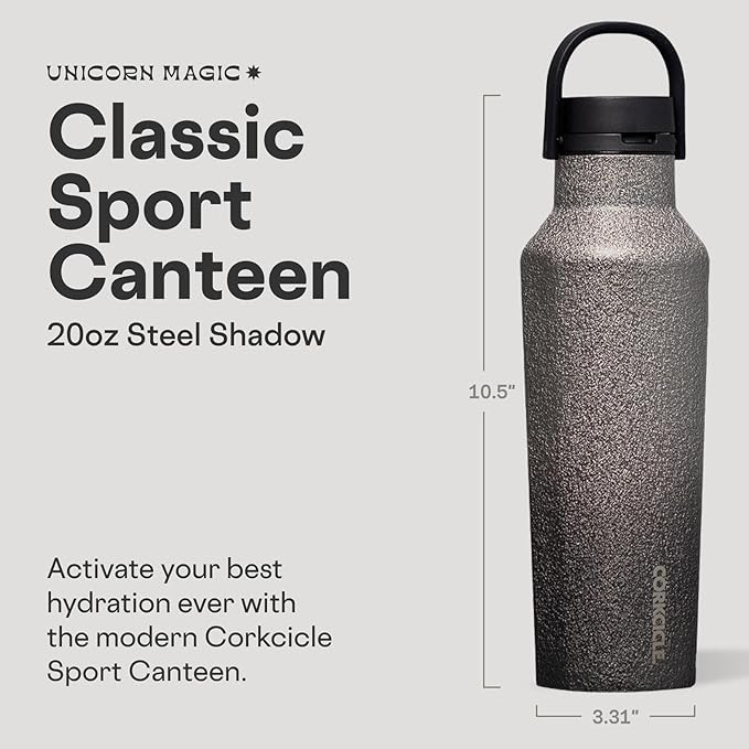 Corkcicle Sport Canteen - Keeps Drinks Cold 25 Hours - Stainless Steel Water Bottle - Triple-Insulated - Spill-Proof - Summer Drinkware Gift - Keeps Drinks Ice Cold - 20 oz - Steel Shadow