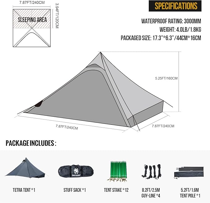 OneTigris Tetra Ultralight Tent, Upgraded, 1-2 Person, Waterproof, 3 Season, Ideal for Camping Hiking Trekking Backpacking Bushcraft