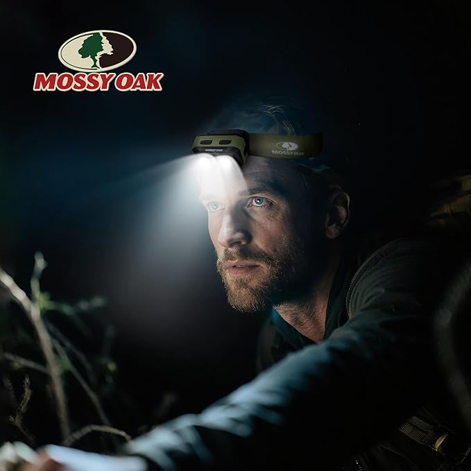Mossy Oak 600 Lumens LED Headlamp, Dual Power Source, Motion Sensor Head Lamp with Magnetic Base, Stepless Dimming, Memory Mode for Camping, Running, Hiking