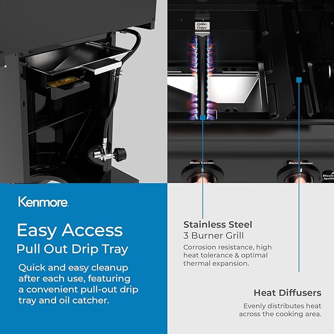 Kenmore 3-Burner Gas Grill | Foldable Side Tables, Cast Iron Cooking Grates, Warming Rack, Hooks for BBQ Grilling Tools, Propane Gas Barbecue Grill, 30,000 BTUs, Black with Copper Accent