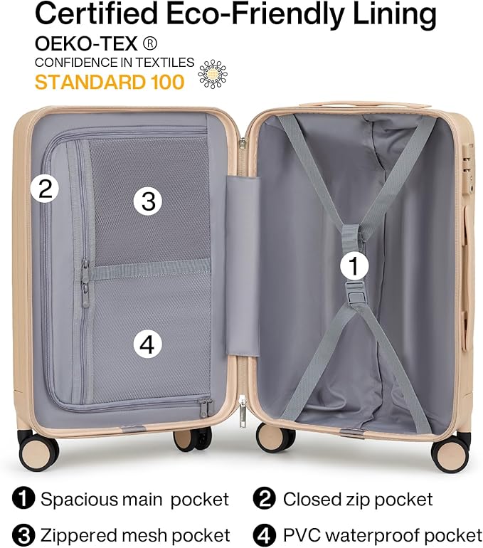 Hanke 20 Inch Carry On Luggage 22x14x9 Airline Approved Lightweight PC Hard Shell Suitcases with Wheels Travel Luggage Rolling Suitcase Travel Luggage Bag for Weekender（Cuba Sand）