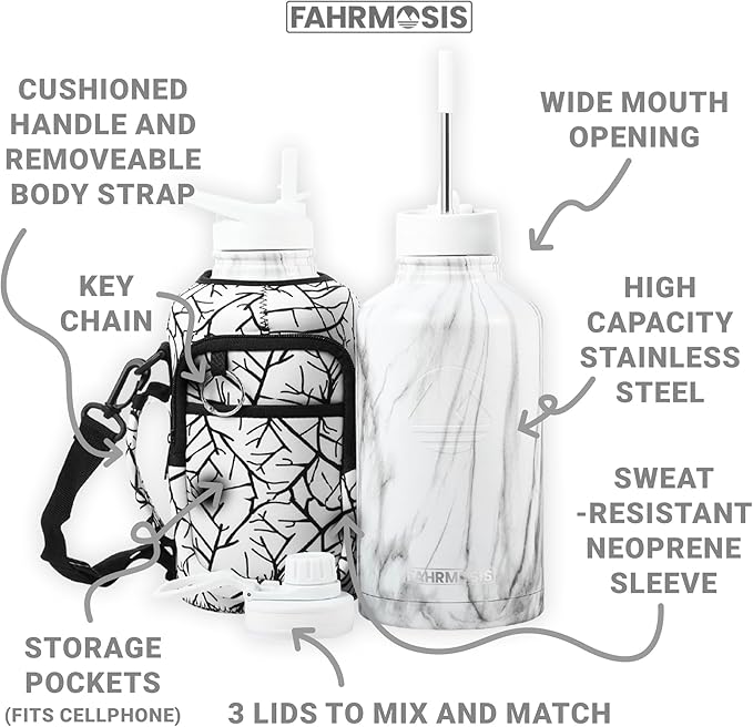 64 Oz Insulated Water Bottle with Strap Stainless Steel Sports Water Bottle with 3 Lids (Straw, Chug and Flip Lid) Leak Proof Metal Half Gallon Jug for Men & Women - White Marble