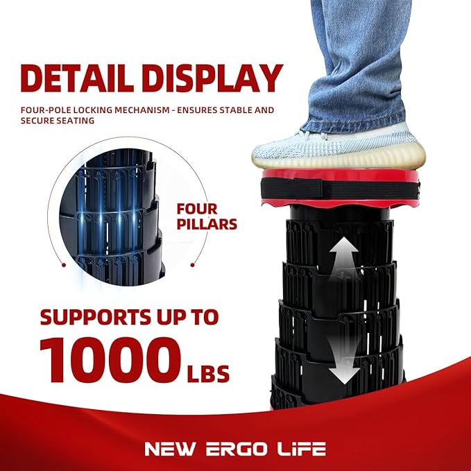 Portable Collapsible Stool - 4 Pillars Large Weight Capacity Travel-Friendly Folding Stool, Easy to Use Lightweight Telescoping Seat for Outdoor Activities, Camping & Hiking (Red)