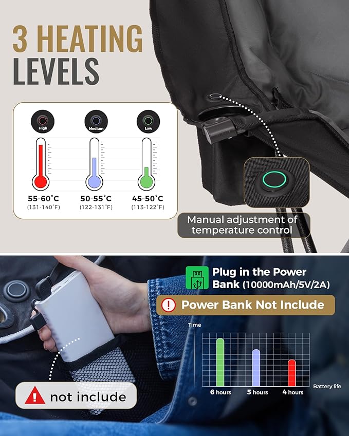 KingCamp Heated Oversized XL Camping Chair, Heavy Duty 500lbs Folding Couch for Adults, Padded Large Comfortable Sofa Seat 3 Heat Levels with Cooler Bag for Outdoor Sports Fishing Lawn, Black/Grey