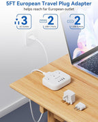 European Travel Plug Adapter, International Power Adapter, US to UK Europe Power Strip for EU/UK/US with 3 AC Outlets & 4 USB(2 USBC), 5ft Extension Cord, Type C for EU UK Europe Germany France, White