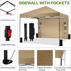 10'x10' Pop Up Canopy Tent with 1 Sidewall and 6 Pockets, One Push Setup, Instant Shade Tent with Vented Roof for Beach Patio Outdoor, Case, 8 Stakes, 4 Ropes, 4 Sandbags (Khaki, 10x10)
