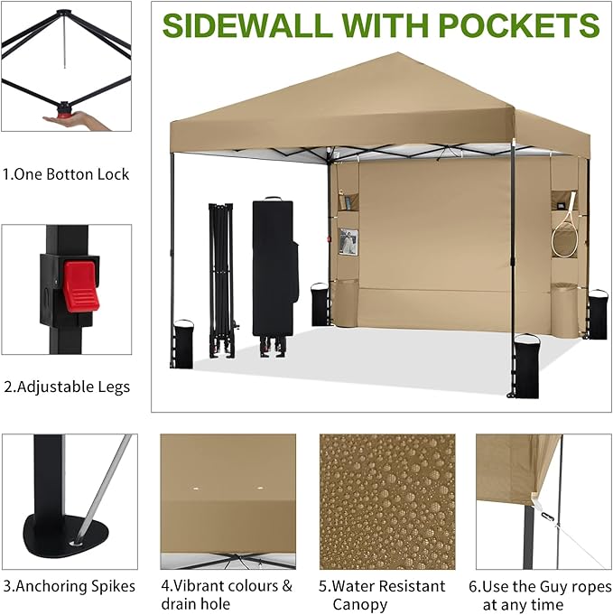 10'x10' Pop Up Canopy Tent with 1 Sidewall and 6 Pockets, One Push Setup, Instant Shade Tent with Vented Roof for Beach Patio Outdoor, Case, 8 Stakes, 4 Ropes, 4 Sandbags (Khaki, 10x10)