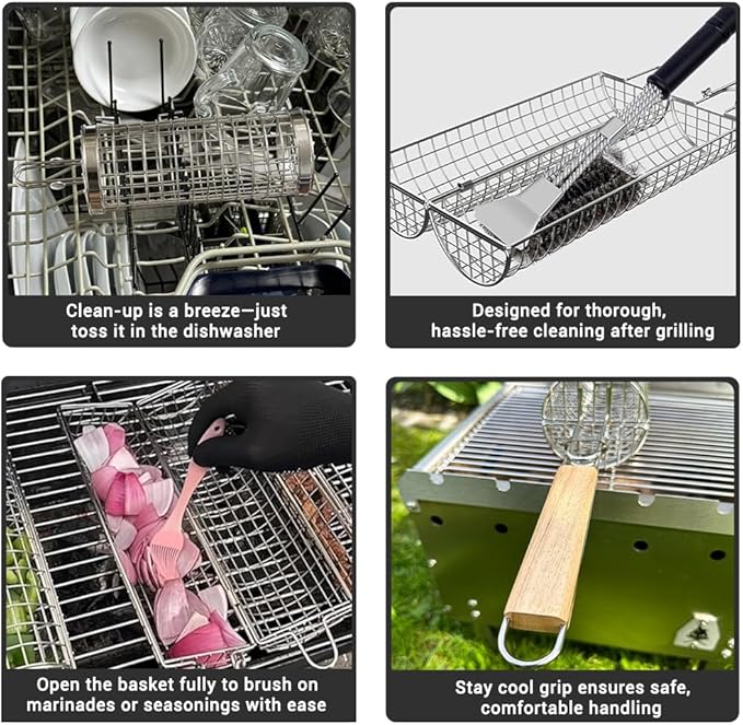 Rolling Grill Basket for Vegetables, Kebabs & Shrimp – 304 Stainless Steel BBQ Accessory with Side-Opening Design, Ideal for Outdoor Cooking & Camping