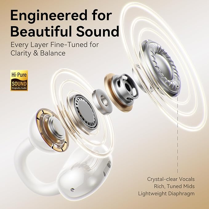 Kinglucky Jewelry-Inspired Clip-On Earbuds with Diamond Earrings, Comfortable Fit & 40H Playtime Open Ear Bluetooth 5.4 Wireless Headphones for Women, Small Ears, Sports & Workouts (White)