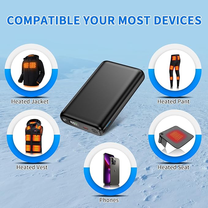 30000mAh Heated Vest Battery Pack 7.4V Heating Vest Battery Bank Power Bank with LED Display DC/USB//Type-C 5V/9V/12V Portable Chargers for Heated Jacket Coat Vest and Warming Clothing for Men