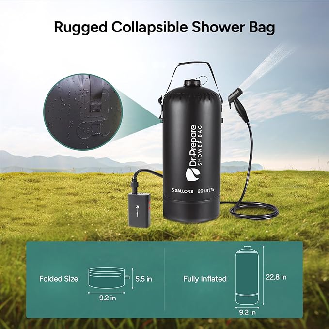 DR.PREPARE Portable Shower for Camping, 4/5 Gallons Camping Shower Bag, Portable Outdoor Shower with Pump for Hiking, Climbing, Pet Cleaning, Car Washing, Beach & Emergency