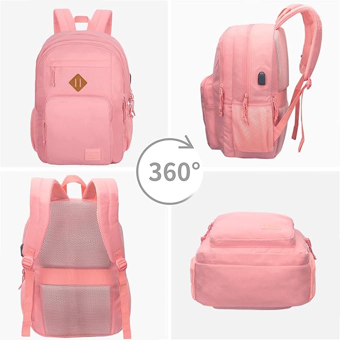 KEOFID Classic Travel backpack for Men and Women, Anti Theft Laptop Backpack with USB Charging Port for Work, Large Bag for College, Water Resistent(Bright Pink)