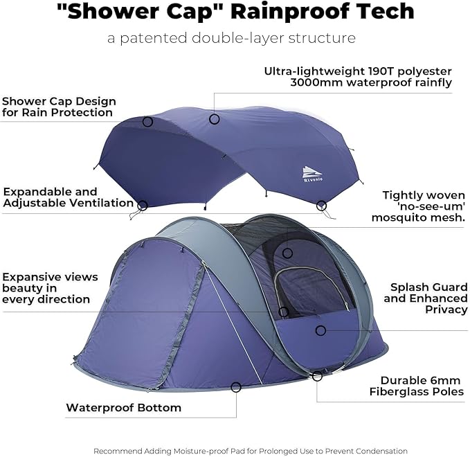 4/6 Person Easy Pop Up Tent, Waterproof, Automatic Setup,2 Doors-Instant Family Tents for Camping, Hiking & Traveling