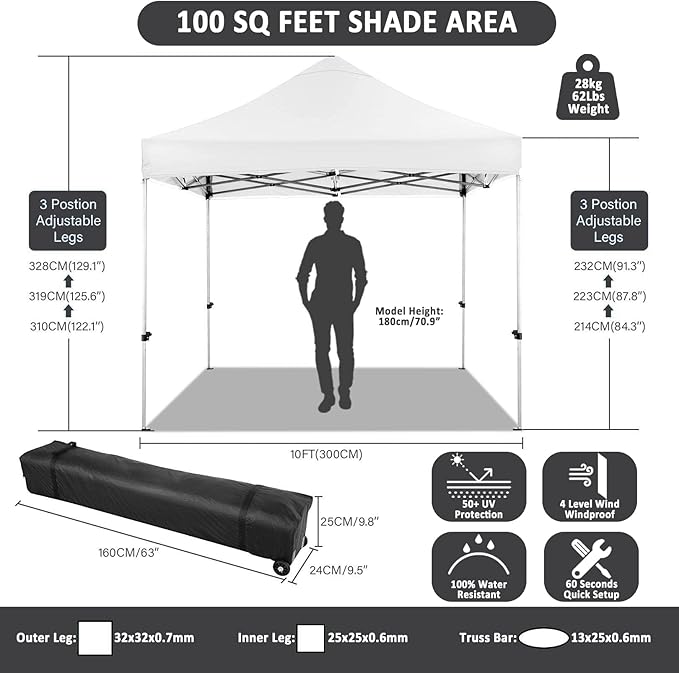 COBIZI 10x10 Pop up Canopy Tent with 4 Sidewalls, Waterproof Heavy Duty Commercial Canopy for Parties, Outdoor Tent, Garden Gazebo, Carry Bag with Wheel (10x10ft, White)