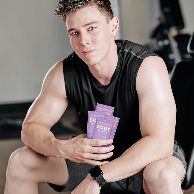 Treela 300 Pcs Bulk Deodorant Large Body Wipes Individually Wrapped Wet Wipes Travel Size for Adults Shower for Homeless Supplies Hygiene Personal Cleansing for Hiking Gym(7.09" X 9.84",Purple)