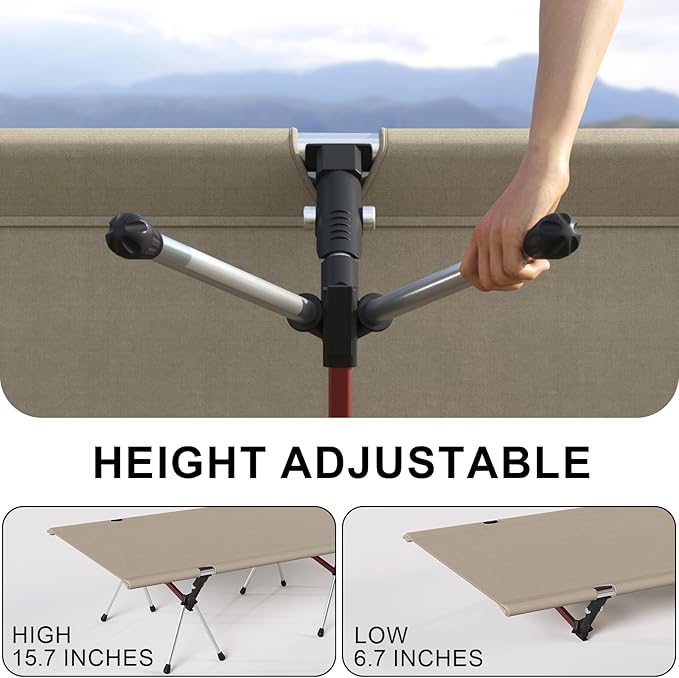 Camping Cot with Leg Extenders,Lightweight Portable Bed for Camping, Hiking, Travel, Beach, Home, Office Nap, Supports 330lbs, Easy Storage, Durable Design, Khaki