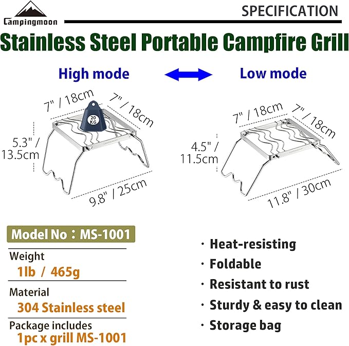 CAMPINGMOON Portable Folding Camping Campfire Grill over Fire Split Stoves 304 Stainless Steel (7’’L (MS-1001))