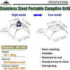 CAMPINGMOON Portable Folding Camping Campfire Grill over Fire Split Stoves 304 Stainless Steel (7’’L (MS-1001))