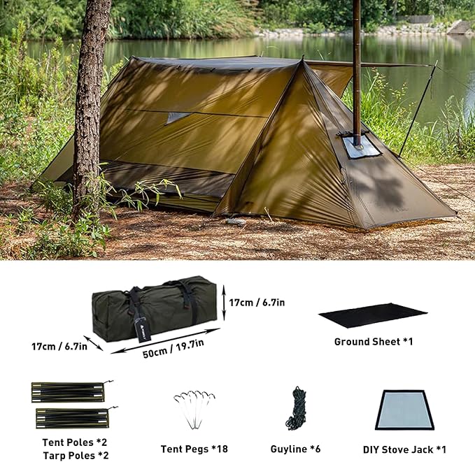 POMOLY Hot Tent Bushcraft Tent, STOVEHUT 20 2.0 Ultralight Shelter with 4 Poles for 1-2 Person Camping, Backpacking (Brown)