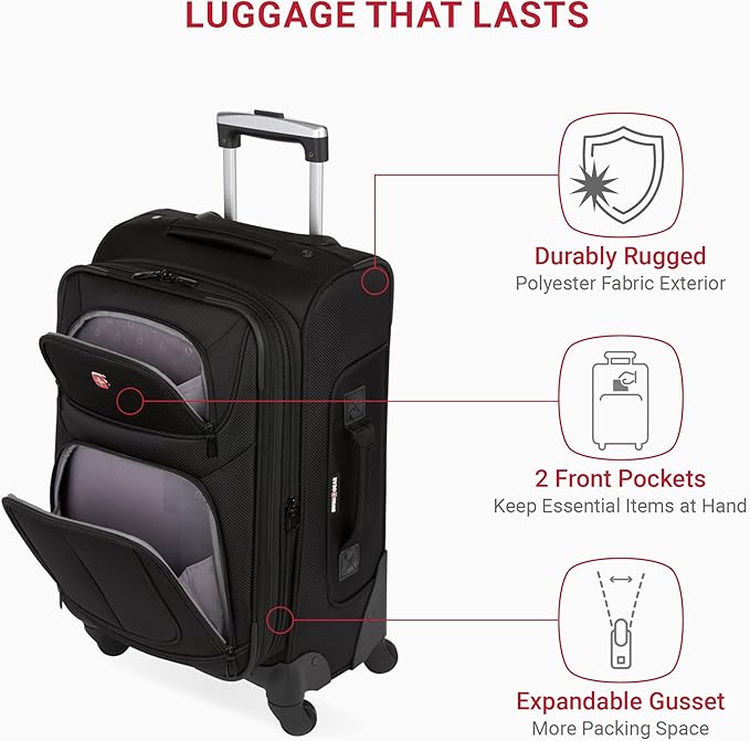 SwissGear Sion Softside Expandable Luggage – Carry-On Suitcase with 360 Degree Wheels & Retractable Handle – 21 Inch, Perfect for 1-3 Night Trips – Black